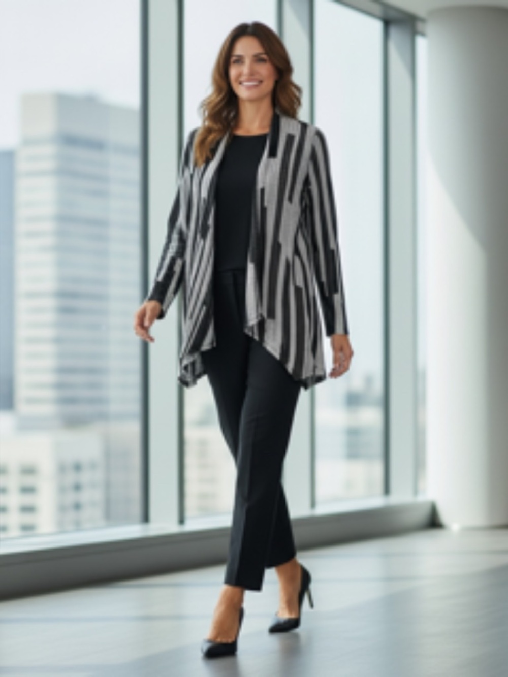 Lavish Black/White Open Front Graphic Print Cardigan Jacket Size L